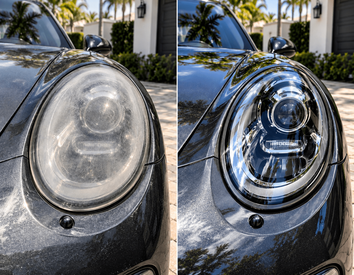 Headlight restoration before and after showing improved clarity in Fort Lauderdale