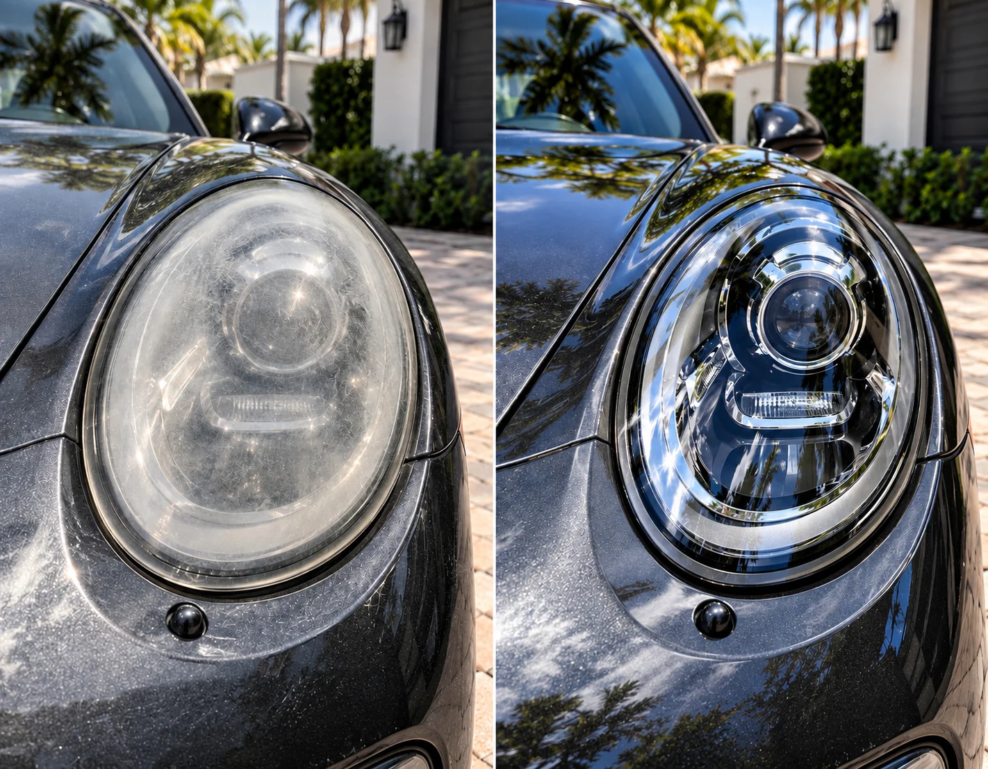 Headlight restoration before and after showing improved clarity in Fort Lauderdale