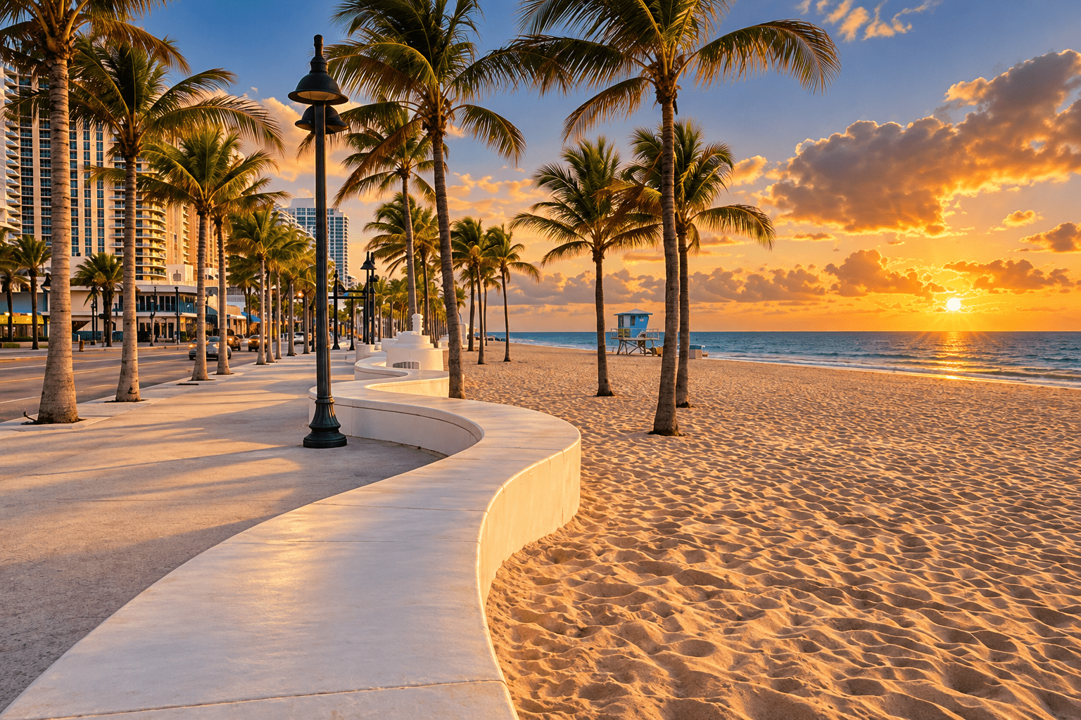 Fort Lauderdale beach with palm trees at sunset
