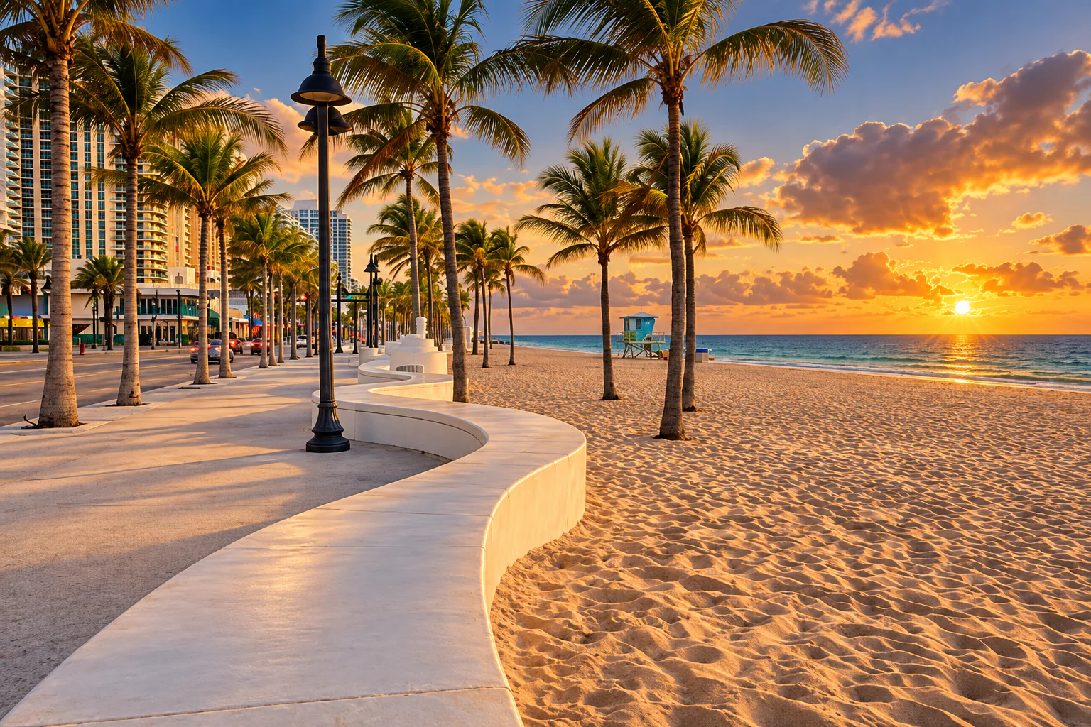 Fort Lauderdale beach with palm trees at sunset