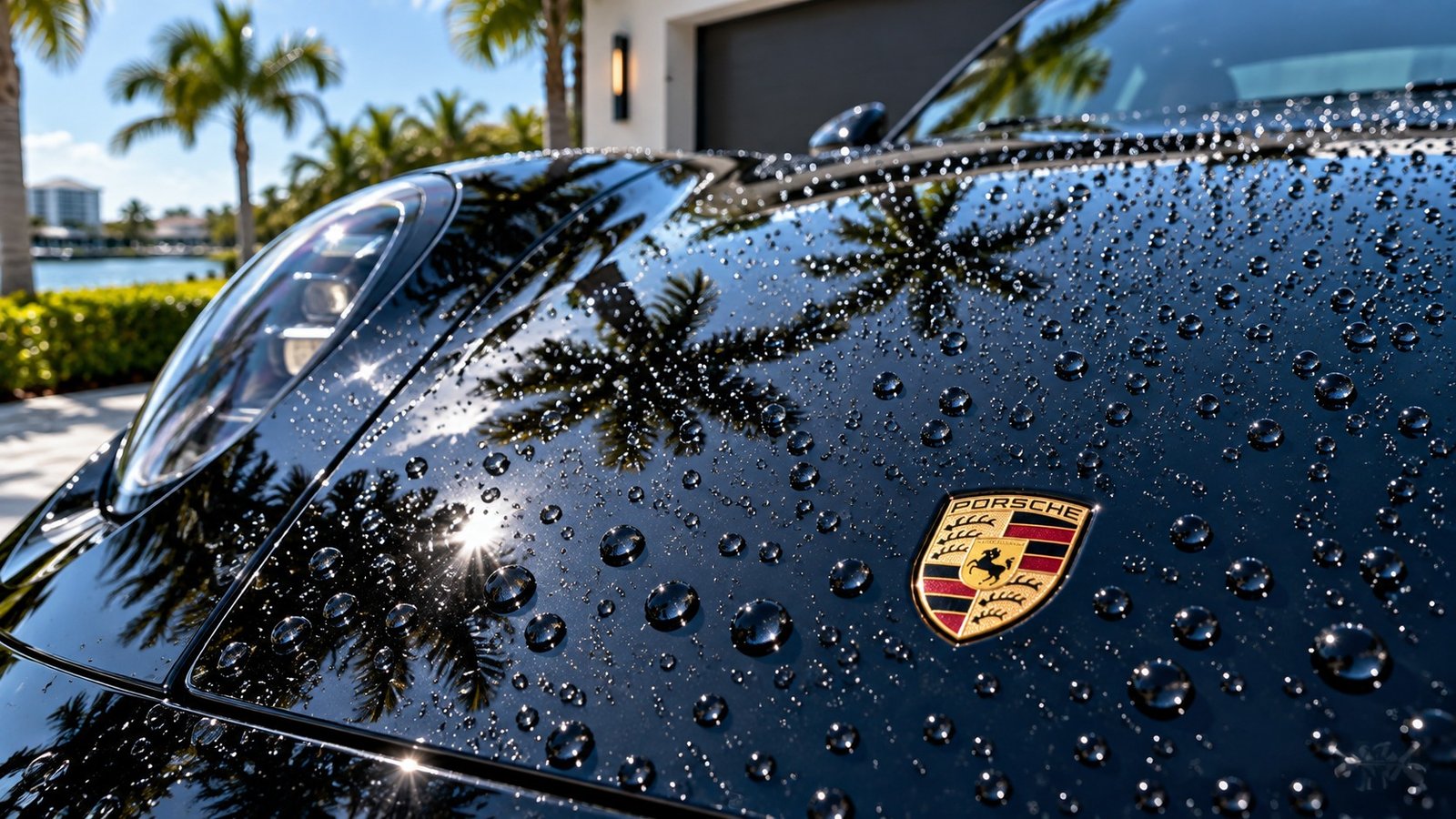 Hydrophobic water beading on Porsche paint in Fort Lauderdale